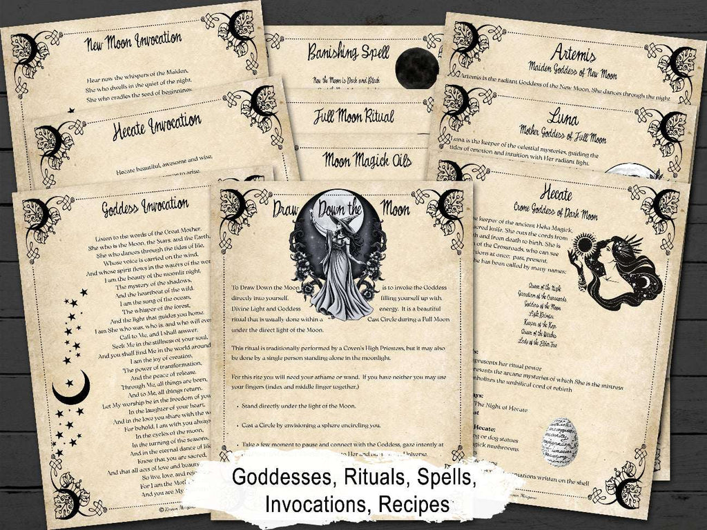 Set of parchment pages about moon goddesses, rituals, spells, invocations and recipes, on a wooden surface