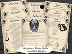 Set of parchment pages about moon goddesses, rituals, spells, invocations and recipes, on a wooden surface