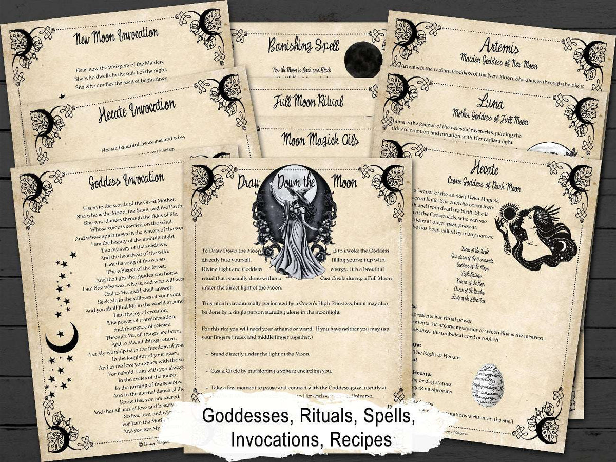Set of parchment pages about moon goddesses, rituals, spells, invocations and recipes, on a wooden surface