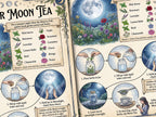 Closeup image of theInstructions for making moon tea with herbs, featuring a moonlit night scene and herbal illustrations.