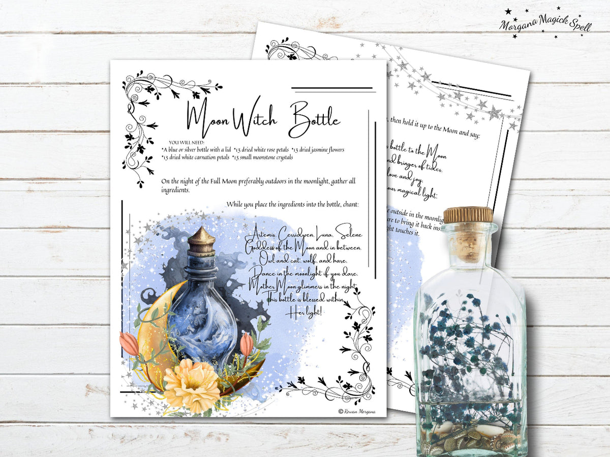 Magical potion bottle with decorative text and illustrations on a wooden surface