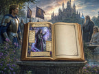 Open Book with Morgan Le Fey page in an Arthurian background with castles and knights.