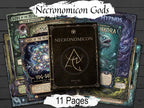 A set of fantasy-themed necromancy and occult pages fanned out behind a central dark cover labeled 'Necronomicon' and 'John Dee,' with text overlays reading 'Necronomicon Gods' and '11 Pages' on a dark wood background.