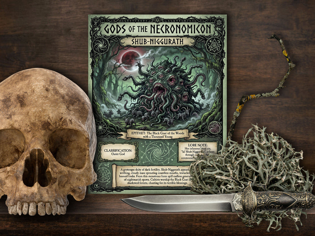 A styled flat-lay featuring a page titled 'Gods of the Necromikon' and 'Shub-Nigurath', surrounded by a human skull, a knife, and dried moss on a dark wooden surface.