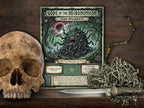 A styled flat-lay featuring a page titled 'Gods of the Necromikon' and 'Shub-Nigurath', surrounded by a human skull, a knife, and dried moss on a dark wooden surface.