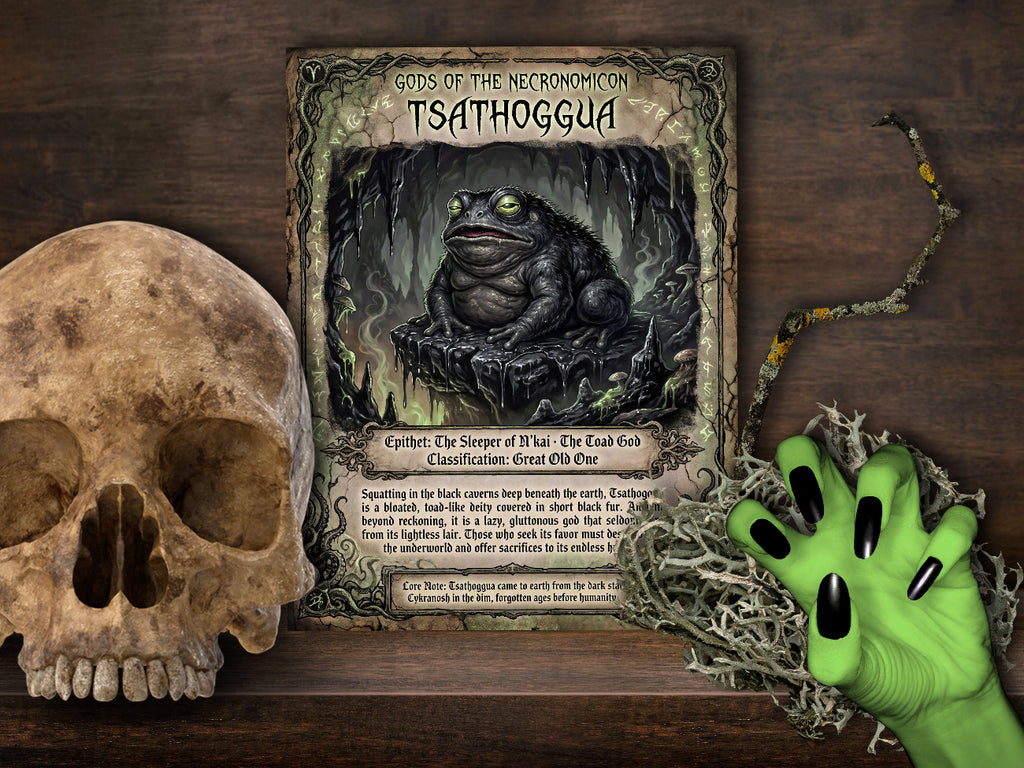 A styled flat-lay featuring a fantasy page titled 'Gods of the Necronomicon Tsathoggua' in the center, flanked by a realistic skull on the left and a green monster hand with black nails on the right, all set against a dark wood background.