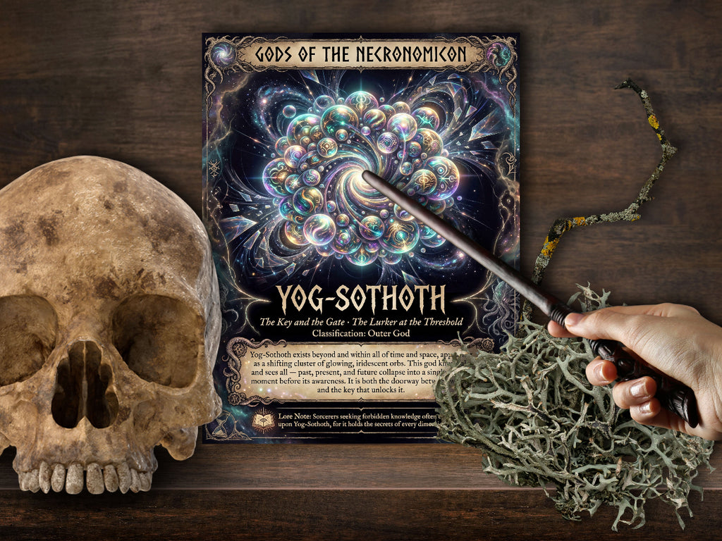A fantasy tabletop scene showing a printed page titled 'Gods of the Necronomicon: Yog-Sothoth' with a pointer wand, placed on a dark wooden surface beside a skull, dried moss, and a branch. A human hand is holding the pointer.