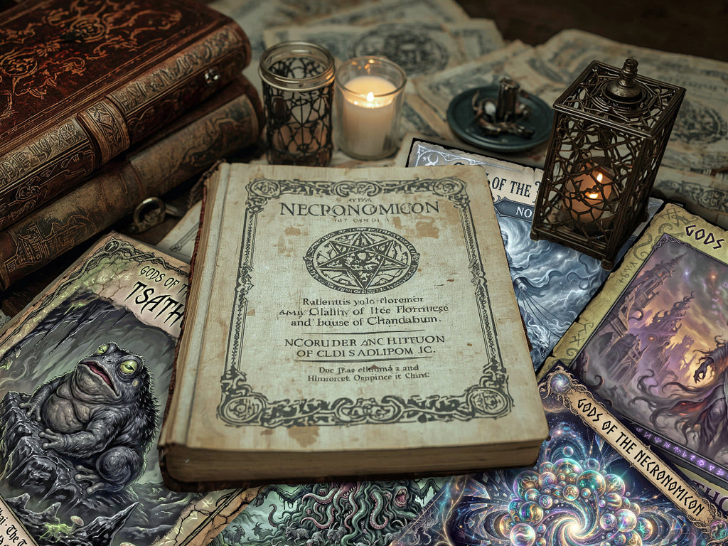 A styled flat-lay of a vintage occult book titled 'Neponomicon' in the center, surrounded by Gods of the Necronomicon pages , old leather-bound books, candles, and a lantern on a cloth-covered surface.