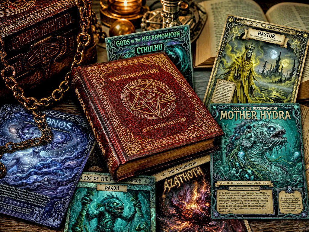 A styled tabletop arrangement of fantasy Gods of the Necronomicon pages, including a central red hardcover book titled Necromancer, several illustrated pages with teal, blue, and fiery artwork, a chain, and open books in a moody setting.