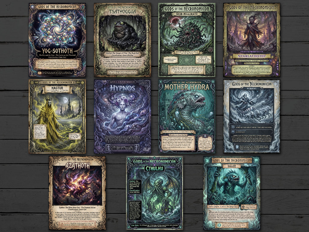  Gothic style horror pages laid on a dark textured surface, featuring the 11 Necronomicon Gods.