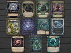  Gothic style horror pages laid on a dark textured surface, featuring the 11 Necronomicon Gods.