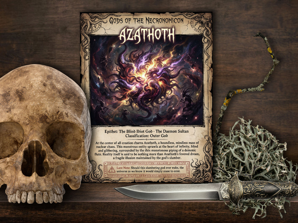 A framed fantasy page titled 'Azathoth' from 'Gods of the Necronomicon' is displayed on a dark wooden surface, styled with a skull on the left, a knife on the right, and a piece of mossy cord in the foreground.