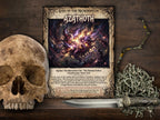 A framed fantasy page titled 'Azathoth' from 'Gods of the Necronomicon' is displayed on a dark wooden surface, styled with a skull on the left, a knife on the right, and a piece of mossy cord in the foreground.