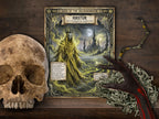 A gothic-themed tabletop scene featuring a printed page titled 'HASTUR' from 'Gods of the Necromancer', styled beside a human skull, dried moss, and a dark antler with red veins on a dark wood surface.