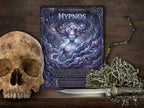 A page titled 'HYPNOS' from the 'Gods of the Necronomicon' series is displayed on a dark wooden surface, styled with a human skull, a knife, and dried moss.