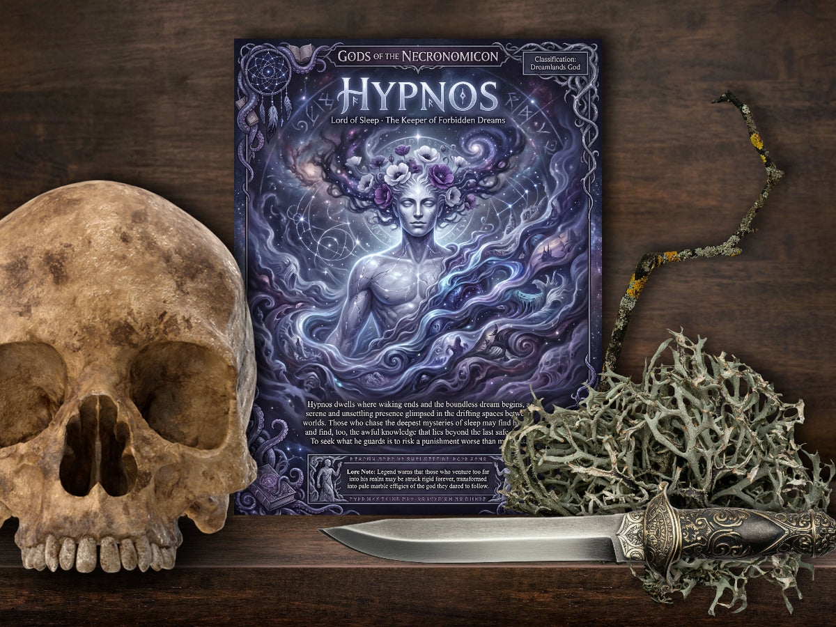A page titled 'HYPNOS' from the 'Gods of the Necronomicon' series is displayed on a dark wooden surface, styled with a human skull, a knife, and dried moss.