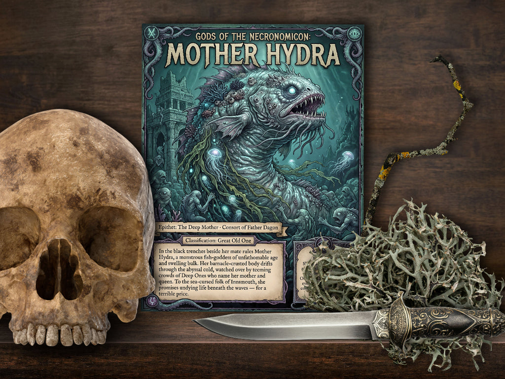 A tabletop product display featuring a fantasy page titled "Gods of the Neironomicon: Mother Hydra," surrounded by a human skull, a silver dagger, and a bundle of dried moss on a dark wood surface.