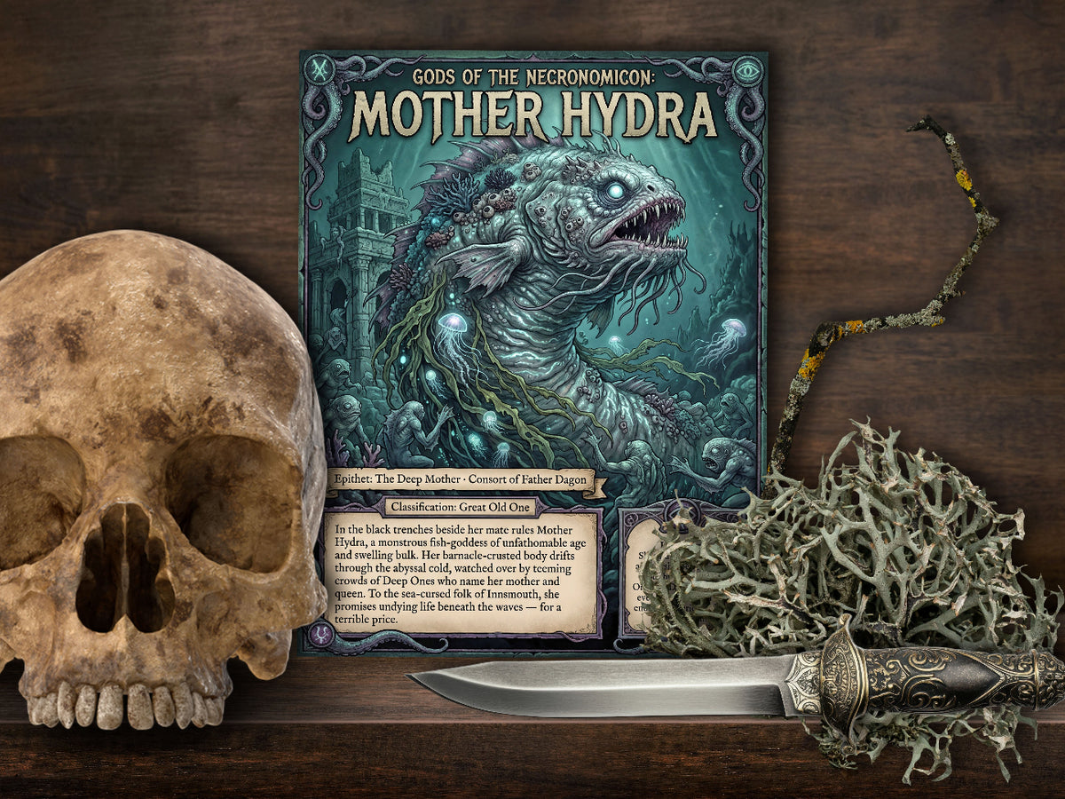 A tabletop product display featuring a fantasy page titled "Gods of the Neironomicon: Mother Hydra," surrounded by a human skull, a silver dagger, and a bundle of dried moss on a dark wood surface.
