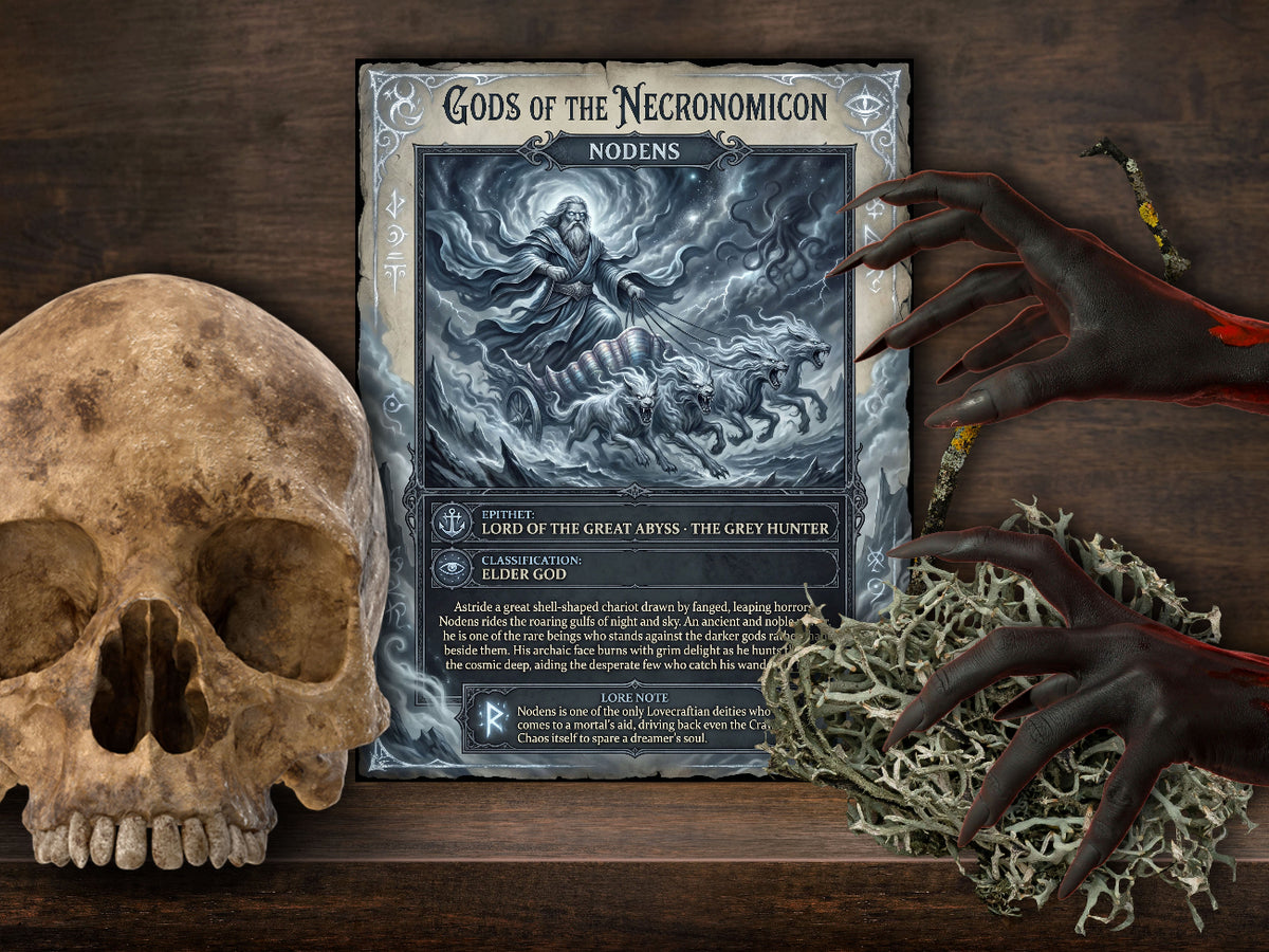 A fantasy page titled 'Gods of the Necronomicon -Nodens' is displayed on a dark wooden surface, surrounded by thematic props including a human skull, skeletal hands, and dried moss.