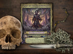A fantasy page titled 'Gods of the Necronomicon - Nyarlathotep is displayed on a dark wooden surface, surrounded by thematic props including a human skull, skeletal hands, and dried moss.