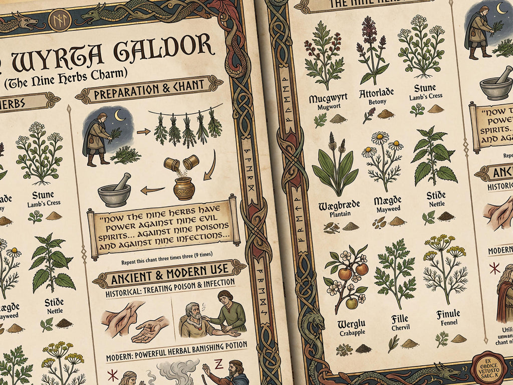Closeup image of the Nine Herbs Charm parchment page also called Nigon Wertha Galdor, a Medieval Protection Charm