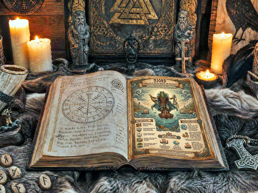 Open book of shadows with magical symbols and illustrations about the Viking god Njord, on a mystical altar with candles and figurines.