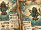 Illustration of a Norse god on a boat with decorative elements and text about the god.
