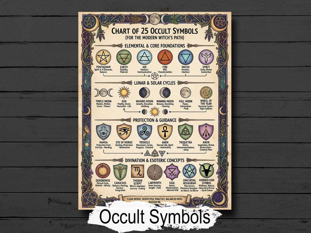 Occult Symbols Infographic: Mystical Witchcraft, Elements, Lunar Cycles, Protection & More
