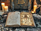 Open book with magical symbols and illustrations about Odin, on a mystical Viking altar  setting with candles and figurines.