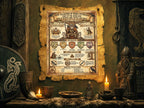 Vintage parchment of Odin, Allfather of Norse Mythology, displayed on a rustic wall with Viking-themed decor.