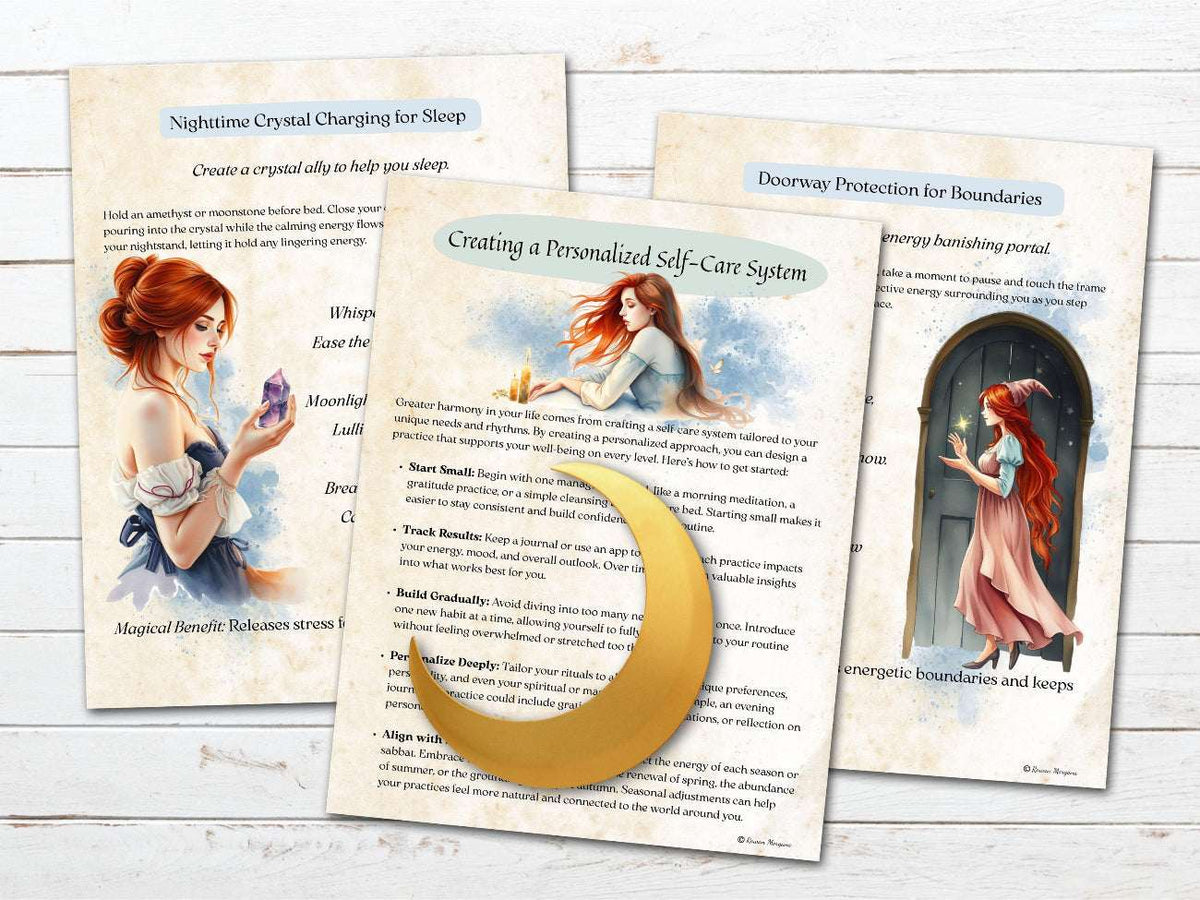 Three printed pages on personalized self-care, with illustrations of a woman and text on a wooden surface