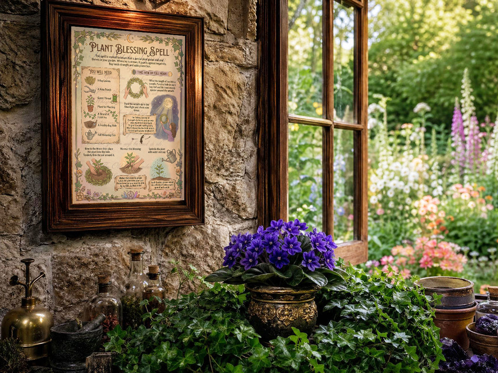 Framed Plant Blessing Spell with an ivy wreath surrounding a pretty purple potted plant in front of a window that looks out on a lush flower garden.
