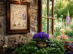 Framed Plant Blessing Spell with an ivy wreath surrounding a pretty purple potted plant in front of a window that looks out on a lush flower garden.