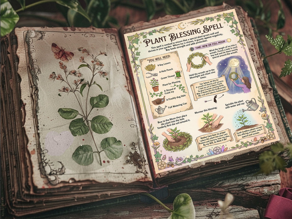 An open Book of Shadows with a botanical print on one page and the Plant Blessing Spell on the opposite page.