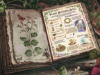 An open Book of Shadows with a botanical print on one page and the Plant Blessing Spell on the opposite page.