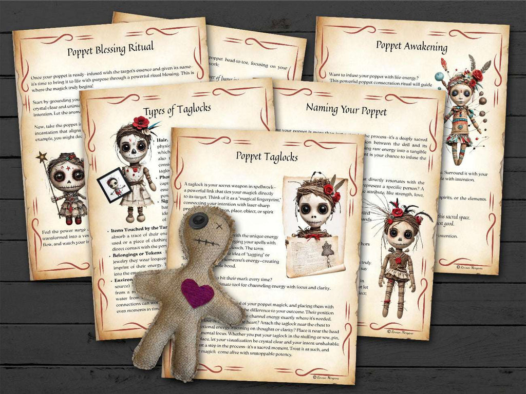 Voodoo doll with a heart on a wooden surface with printed pages about poppet rituals.