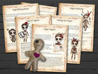 Voodoo doll with a heart on a wooden surface with printed pages about poppet rituals.