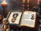 Open book titled 'Puppet Magick' with a voodoo doll and candles in a mystical setting