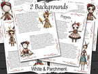 Set of printed pages with the optional white backgroundwith illustrations of dolls and text, titled 'Poppets' 