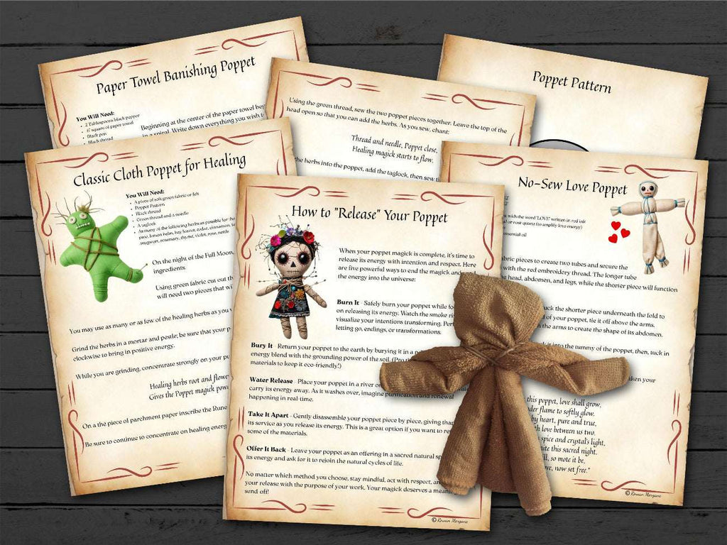 Set of paper towel banishing poppet patterns with a brown paper towel doll on a wooden surface.