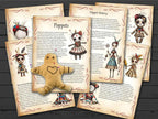 Parchment ages about poppet history with illustrations and text on a wooden surface