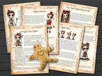 Set of instructional pages about poppets and voodoo dolls on a wooden surface.