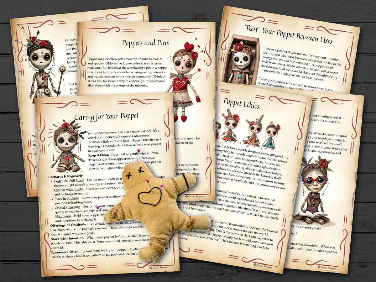 Set of instructional pages about poppets and voodoo dolls on a wooden surface.