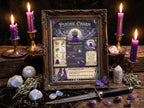 Framed psychic charm with candles, crystals, and herbs on a dark background