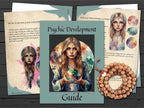 Pages  titled 'Psychic Development Guide' with a woman holding a crystal ball on a wooden surface.