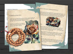 Two pages from a book about psychic practices with text and illustrations on a wooden surface