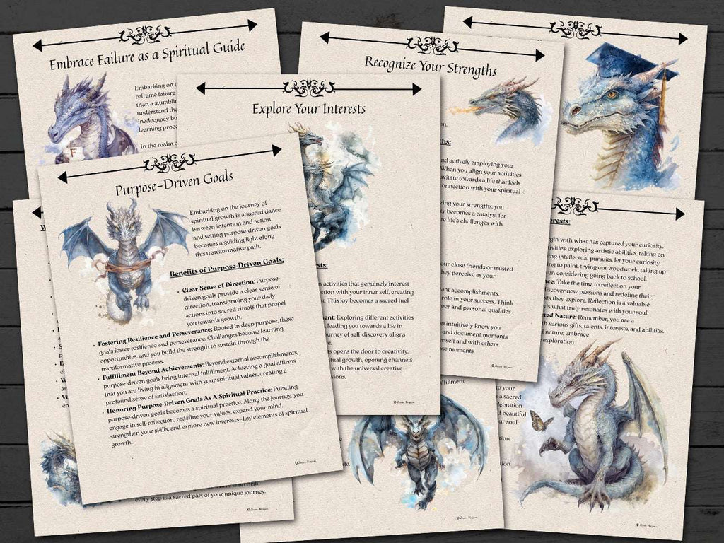 Set of motivational pages oon purpose driven goals, with dragon illustrations on a wooden surface