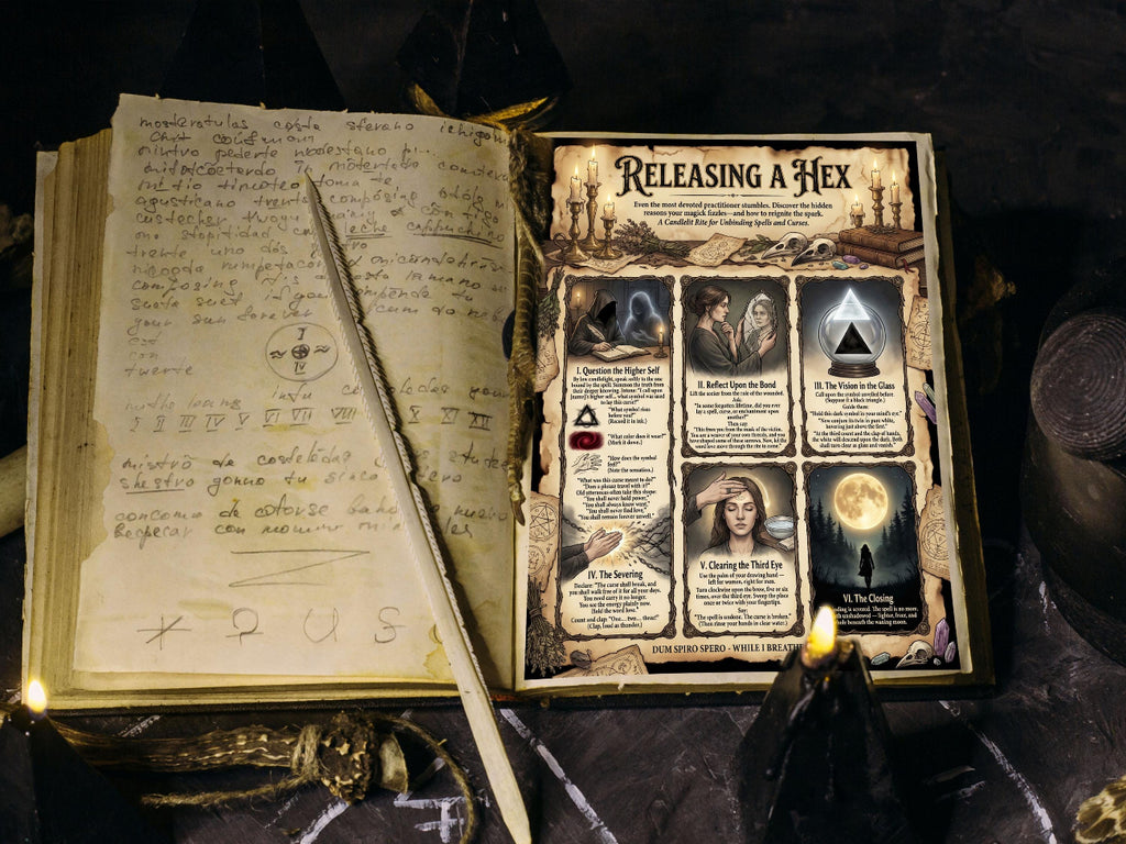 Open book of shadows with magical text and images about how to release a hex placed upon  you.