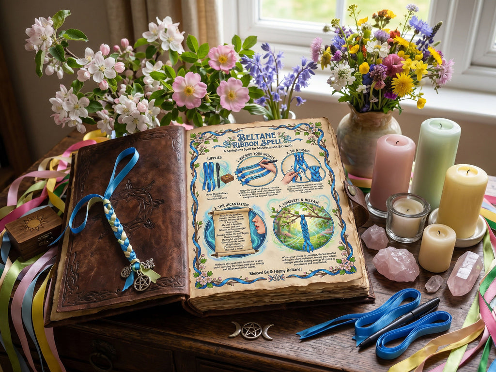 Open Book of Shadows showing  Beltane Ribbon Spell , surrounded by flowers, candles, and crystals on a wooden surface.