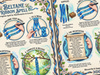 Instructions for a Beltane Ribbon Spell with blue ribbons and magical elements on a white background.